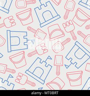 Il blu e il contorno rosso giocattoli da spiaggia random su sfondo bianco. Seamless pattern design dello sfondo per la stagione estiva illustrazione vettoriale. Illustrazione Vettoriale