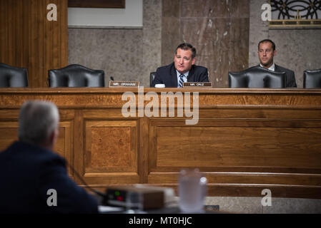 Il senatore Ted Cruz domande U.S. Air Force gen. Paolo J. Selva, Vice Presidente del Comune di capi di Stato Maggiore, durante una seduta del Senato Comitato delle Forze Armate audizione del Campidoglio di Washington, il 18 luglio 2017. L'udienza si è tenuta a considerare gen. Selva di riconferma con il grado di generale e come Vice Presidente. (DoD Foto di U.S. Army Sgt. James K. McCann) Foto Stock