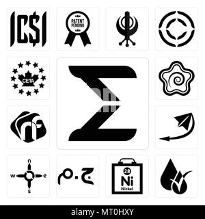 Set di 13 semplici icone modificabile come sigma, ipoallergenico, nichel, sterlina egiziana, n s e w, telegramma, nf, hanamaru, ceta può essere utilizzato per il mobile, w Illustrazione Vettoriale