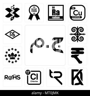 Set di 13 semplici icone modificabile come sterlina egiziana, KD, tr, tavola periodica cloro, rohs, rupie, CETA, , real brasiliano può essere utilizzato per il mobile, Illustrazione Vettoriale
