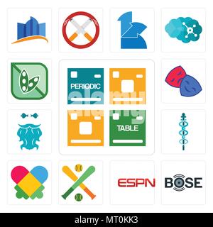 Set di 13 semplici icone modificabile come tavola periodica, bose, espn, fantasy baseball, autismo, mbbs, pescatore barbuto, dramma club, soia libera può essere utilizzare Illustrazione Vettoriale