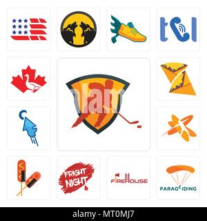 Set di 13 semplici icone modificabile come potere giocare a hockey, parapendio, firehouse, paura di notte, cane di mais, giavellotto, fastclick, crêpe, Canada Goose può Illustrazione Vettoriale