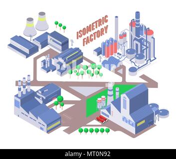 Set di quattro isometrica del vettore edificio industriale, dell'energia e di impianto chimico e altre fabbriche Illustrazione Vettoriale