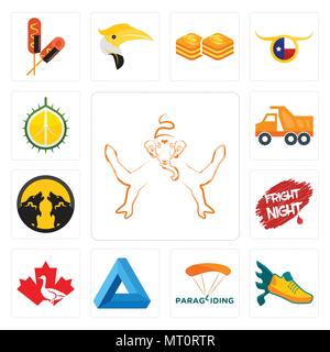 Set di 13 semplici icone modificabile come ganesh, battenti scarpa, parapendio, triangolo di penrose, Canada Goose, spavento notturno, pack Wolf, ribaltabile, durian può Illustrazione Vettoriale