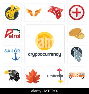 Set di 13 semplici icone modificabili quali cryptocurrency, , ombrello, maple leaf, testa di eagle, lupo, marinaio, patata, la benzina può essere usata per il mobile, web U Illustrazione Vettoriale
