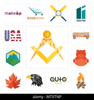 Set di 13 semplici icone modificabile come masonic, falò, negozio di auto, eagle testa, maple leaf simpatico orso, pic , american flag può essere usato per il mobile, w Illustrazione Vettoriale