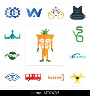 Set di 13 semplici icone modificabile come mascotte, rischio biologico, baseball, bus, occhio, kinova, crocs, Bvs, la chiesa può essere utilizzato per il mobile, l'interfaccia utente web Illustrazione Vettoriale