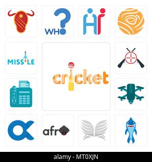 Set di 13 semplici icone modificabili come il cricket, Shark mascotte, Silver Wings, afro, , quadcopter, fax, tiratori, il missile può essere utilizzato per il mobile, l'interfaccia utente web Illustrazione Vettoriale