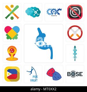 Set di 13 semplici icone modificabili quali endoscopio, bose, dramma club, pole vault, bandiera filippina, mbbs, pizzeria, non fumatori, autismo può essere utilizzata f Illustrazione Vettoriale
