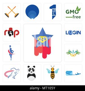 Set di 13 semplici icone modificabile come superstar, posta aerea, hornet, panda mascotte, in pista e sul campo, carnaval, cheerleader, login, rap può essere utilizzata per Illustrazione Vettoriale