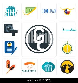 Set di 13 semplici icone modificabili quali ge bianco, pack Wolf, tutti banca, parapendio, mais cane, durian, biografia, presenze, CT scan può essere usato per m Illustrazione Vettoriale