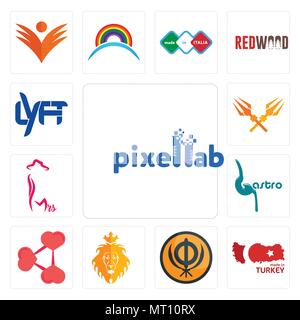 Set di 13 semplici icone modificabili quali pixellab, realizzati in Turchia, Sikhismo, Giuda e il leone, condividere i file png, gastro, onorevole, trishul, lyft può essere usato per m Illustrazione Vettoriale