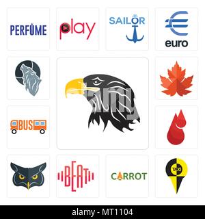 Set di 13 semplici icone modificabile come testa di eagle, , Carota, beat, goccia di sangue, maple leaf, lupo può essere utilizzato per il mobile, l'interfaccia utente web Illustrazione Vettoriale