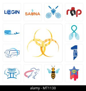 Set di 13 semplici icone modificabile come rifiuti pericolosi, superstar, hornet, via e un campo , tutti in una società di autobus, il cancro del polmone, posta aerea può essere u Illustrazione Vettoriale