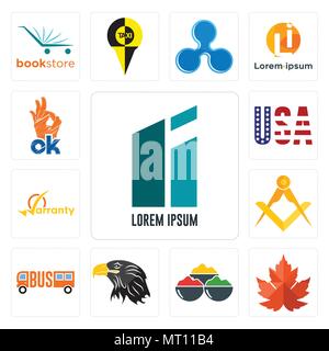 Set di 13 semplici icone modificabili come ad esempio lorem ipsum, maple leaf, spezie eagle testa, , masonic, garanzia, bandiera americana, ok può essere utilizzato per il mobile, web Illustrazione Vettoriale