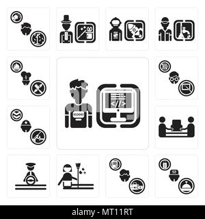 Set di 13 semplici icone modificabile come programmatore, Concierge, Manager, governante, driver, mover, soldato, insegnante, Chef possono essere utilizzati per il mobile, web Illustrazione Vettoriale