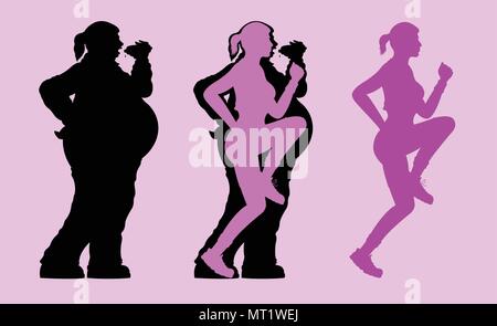 Fat e slim donna silhouette in esecuzione. Tutti gli oggetti sono in diversi strati. Illustrazione Vettoriale
