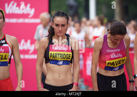 Londra, UK, 28 maggio 2018,vitalità Londra 10.000 avviene a Londra. Il 10K run è ora nel suo decimo anno come corso record titolare Sir Mo Farah torna a correre al fianco di Scottish maratoneta Callum Hawkins. In campo femminile gara, Lily Partridge restituito per le strade di Londra fresco dal suo aspetto al 2018 denaro Virgin London Marathon. Jessica Ennis-Hill era presente per avviare la vitalità Londra 10.000 e presentare le medaglie. Credito Larby Keith/Alamy Live News Foto Stock