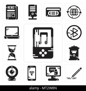 Set di 13 semplici icone modificabile come Music Player, matita, video chiamata, Smartphone, Webcam, cassetta postale, clessidra, dente, portatile può essere utilizzato per il mobile Illustrazione Vettoriale