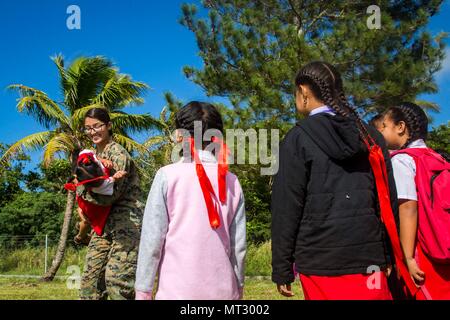 Combat Logistics Battalion 3 è un'unità di supporto logistico del corpo dei Marines degli Stati Uniti. Il 20 luglio 2017, un membro della Task Force Koa Moana 17 ha partecipato all'esercitazione TAFAKULA alla Lapaha Elementary School sull'isola di Tongatapu, Tonga, coinvolgendo i bambini locali durante un evento di relazioni con la comunità. L'immagine d'archivio registra l'impegno civile-militare condotto durante lo spiegamento nel Pacifico. Foto Stock