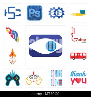 Set di 13 semplici icone modificabile come neighborhood watch, grazie, prossimamente, durga, gioco libero, bus hanuman ji, centro di chitarra, Parrot può essere Illustrazione Vettoriale