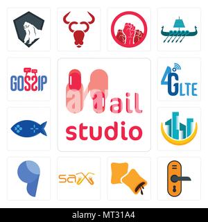Set di 13 semplici icone modificabile come nail studio, manopola dello sportello, krave, sax, virgola, costruzione, gioco della pesca, 4g lte, gossip può essere utilizzato per il mobile, Illustrazione Vettoriale