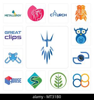 Set di 13 semplici icone modificabile come poseidon, 88, felce, strada tortuosa, casa, fotocamera, torneo di pesca, owl company, grande clip può essere utilizzato per Illustrazione Vettoriale