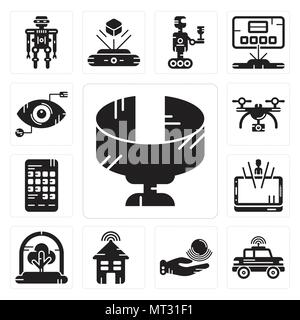 Set di 13 semplici icone modificabile come vista panoramica, auto, la telecinesi, Smart house, albero, ologramma, Smartphone, fuco, occhio scan può essere usato per mob Illustrazione Vettoriale