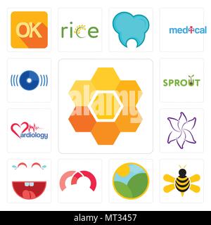 Set di 13 semplici icone modificabile come favo di miele, miele delle api, agriturismo, m, ridere, fiore di giglio, cardiologia, germoglio, il disco può essere utilizzato per il mobile, l'interfaccia utente web Illustrazione Vettoriale