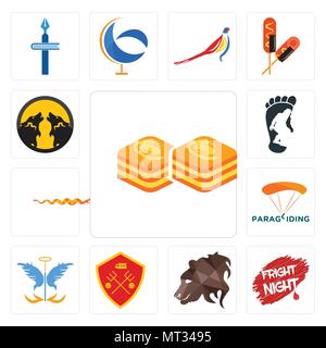 Set di 13 semplici icone modificabili come il baklava, paura di notte, profilo di orso, uomo u, Angelo custode, parapendio, rattlesnake, bigfoot, pack lupo può b Illustrazione Vettoriale