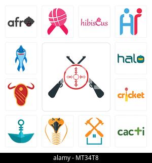 Set di 13 semplici icone modificabile come tiratori, cactus, manutenzione della proprietà testa di serpente, carta barca, cricket, steak house, alo, mascotte di squalo può essere Illustrazione Vettoriale