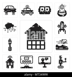 Set di 13 semplici icone modificabili quali Eco House, Robot, intelligenza artificiale, ologramma, scarpa intelligente, braccio meccanico, Jet pack, il cloud computing può Illustrazione Vettoriale
