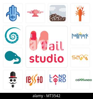 Set di 13 semplici icone modificabile come nail studio, commando, il locatore, , mister, sax, elefante, hallmark, nautilus shell può essere usata per il mobile, web Illustrazione Vettoriale