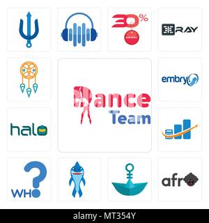 Set di 13 semplici icone modificabile come danza team, afro, carta barca, mascotte di squalo che, contabilità, alo, embrione, dream catcher può essere usata per mobil Illustrazione Vettoriale