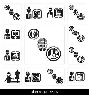 Set di 13 semplici icone modificabile come farmacista, turistiche, mattatore, minatore, sarto, Taxi driver, ingegnere, cantante, programmatore può essere utilizzato per il mobile Illustrazione Vettoriale