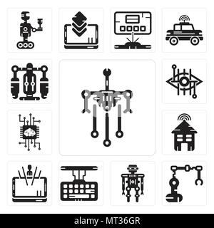 Set di 13 semplici icone modificabile come robot, robot industriale, tastiera, ologramma, Smart house, intelligenza artificiale, bionico di lente a contatto, Jet pa Illustrazione Vettoriale