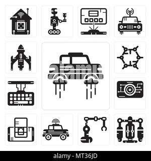 Set di 13 semplici icone modificabili quali battenti auto, Jet pack, robot industriale, auto, Smartphone, occhio scan, tastiera grafene, razzo può essere utilizzata per Illustrazione Vettoriale