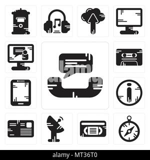 Set di 13 semplici icone modificabile come chiamata telefonica, bussola, Vhs, antenna parabolica, Lettera, Info, Tablet, cassetta, chiamata video può essere utilizzato per il mobile, w Illustrazione Vettoriale