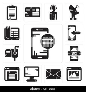 Set di 13 semplici icone modificabili quali smartphone, browser, l'e-mail, visualizzazione, casella postale, telefono può essere usato per il mobile, l'interfaccia utente web Illustrazione Vettoriale