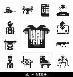 Set di 13 semplici icone modificabili quali Smart abbigliamento, Robot, stivali, bionico di lente a contatto, Google occhiali, fuco, Smartphone, il robot può essere utilizzato per i mo Illustrazione Vettoriale