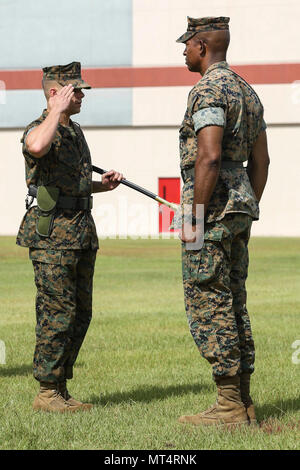 Stati Uniti Marine Corps Sgt. Il Mag. David M. Bianco, sinistra, Sergente Maggiore, 2° Battaglione di manutenzione (Maint. Bn.), combattere la logistica reggimento 25 (CLR) , 2° Marine Logistics Group (MLG), saluta Lt. Col. Erik J. Smith, Comandante, 2° Maint. Bn., CLR-25, 2° MLG, durante un post e cerimonia di sfiato sul Camp Lejeune, N.C., 28 luglio 2017. Durante la cerimonia, Sgt. Il Mag. David M. Bianco comando rinunciato a Sgt. Il Mag. Daniel J. Warren. (U.S. Marine Corps photo by Lance Cpl. Tyler W. Stewart) Foto Stock