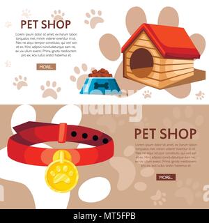 Pet Shop concept. Doghouse, ciotola e il collare. Illustrazione Vettoriale sullo sfondo con impronte di animali. Posto per il vostro testo. La pagina del sito web e mobile ap Illustrazione Vettoriale