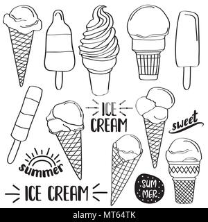 Doodle gelato isolato di raccolta in bianco e nero per la colorazione, vettore Illustrazione Vettoriale