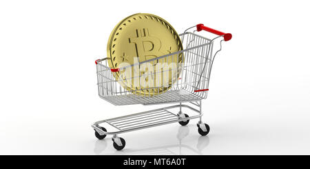 Cryptocurrency e shopping. Golden bitcoin in un carrello isolato su sfondo bianco. 3d illustrazione Foto Stock