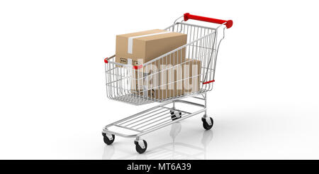 Scatole chiuse in un carrello della spesa con dettagli rosso isolato su sfondo bianco. 3d illustrazione Foto Stock