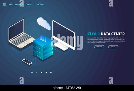 Cloud storage banner isometrica Illustrazione Vettoriale