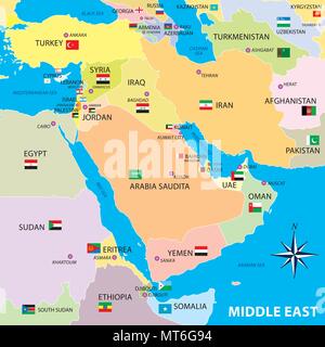 Medio Oriente mappa con i confini e bandiere Illustrazione Vettoriale