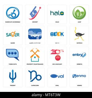 Set di 16 semplici icone modificabili quali venmo, ovale, capricorno, Trident, embrione, accessibile ai portatori di handicap, saver, tre punti, il libro può essere usato per il mobile, Illustrazione Vettoriale