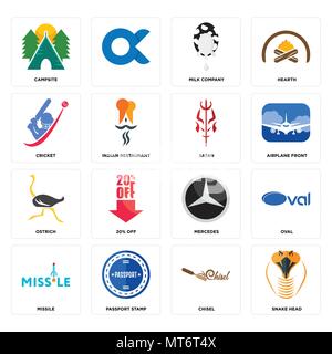 Set di 16 semplici icone modificabile come testa di serpente, scalpello timbro apposto sul passaporto, missili, ovale, campeggio, cricket, struzzo, satana può essere utilizzato per il mobile, w Illustrazione Vettoriale