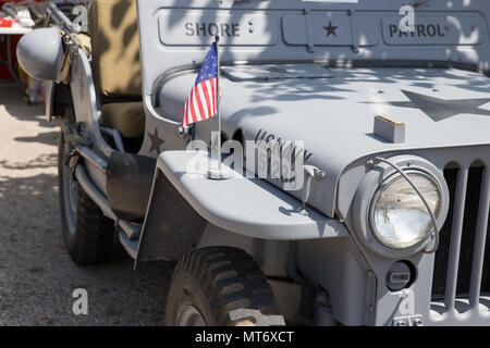 Classic Car vintage interno, USA jeep militari, dettaglio chiudere volante, Anni Cinquanta anni sessanta anni settanta, Foto Stock